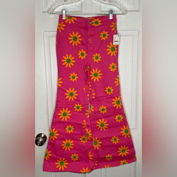 63) NWT Free People YouthQuake Pink Orange Floral Printed Crop Hipster Jeans - Picture 6 of 8